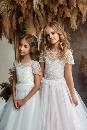 L2331 Short Sleeve Embellished Communion Dress