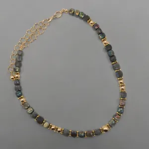 Labradorite Cube and Gold Beaded Necklace