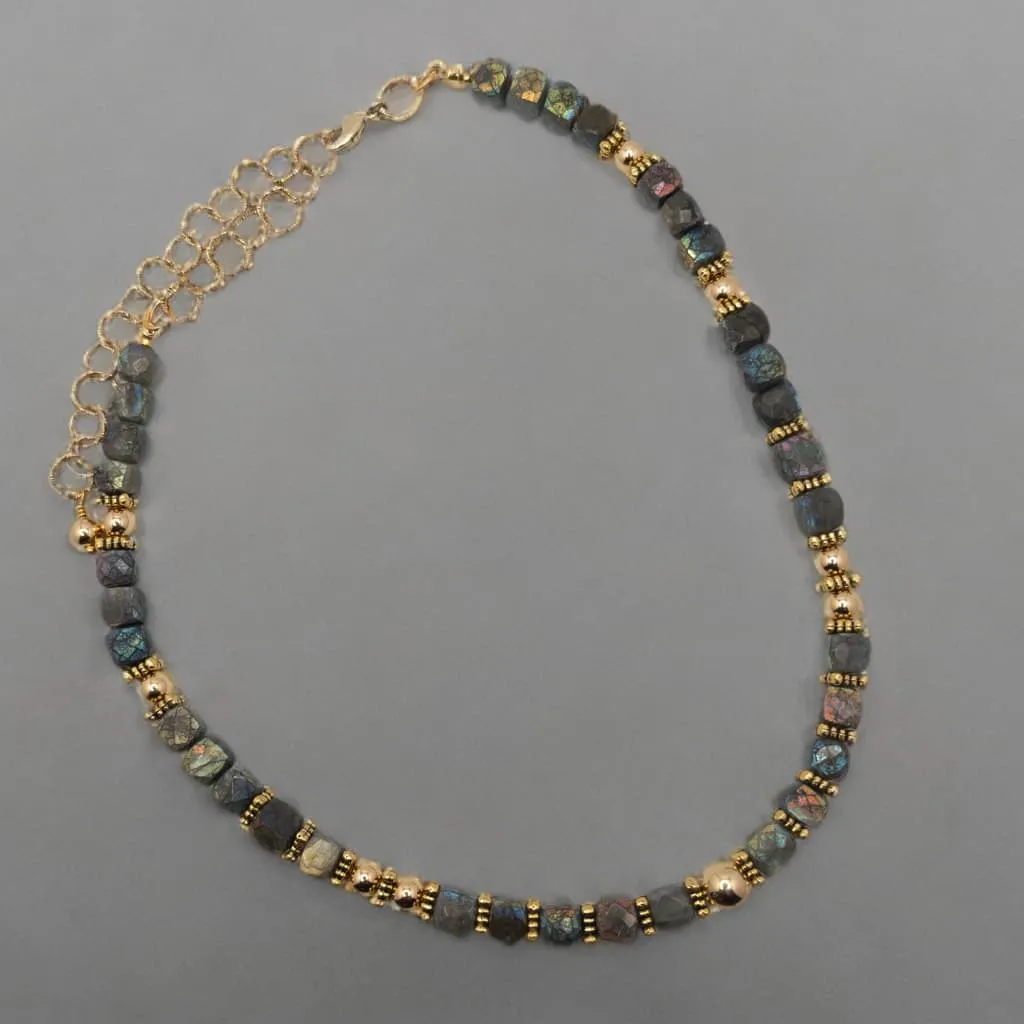Labradorite Cube and Gold Beaded Necklace