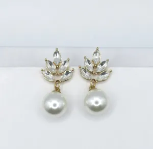 Large Pearl Dangle Crystal Stud Earrings, Wedding Bridal or Bridesmaid Pearl Drop Earrings, CZ Diamond Pearl Earrings