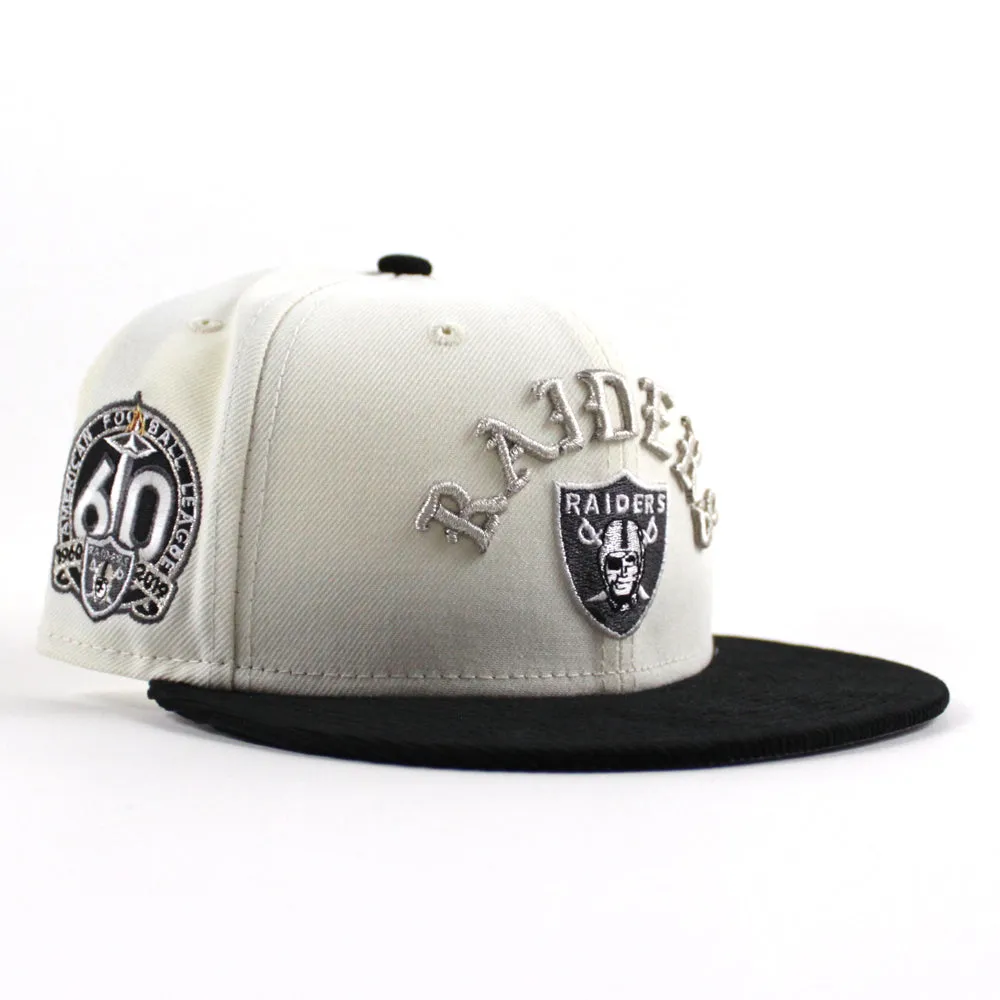Las Vegas Raiders 60TH Anniversary New Era 59Fifty Fitted Hat V2 (Chrome White Corduroy Gray Under Brim)