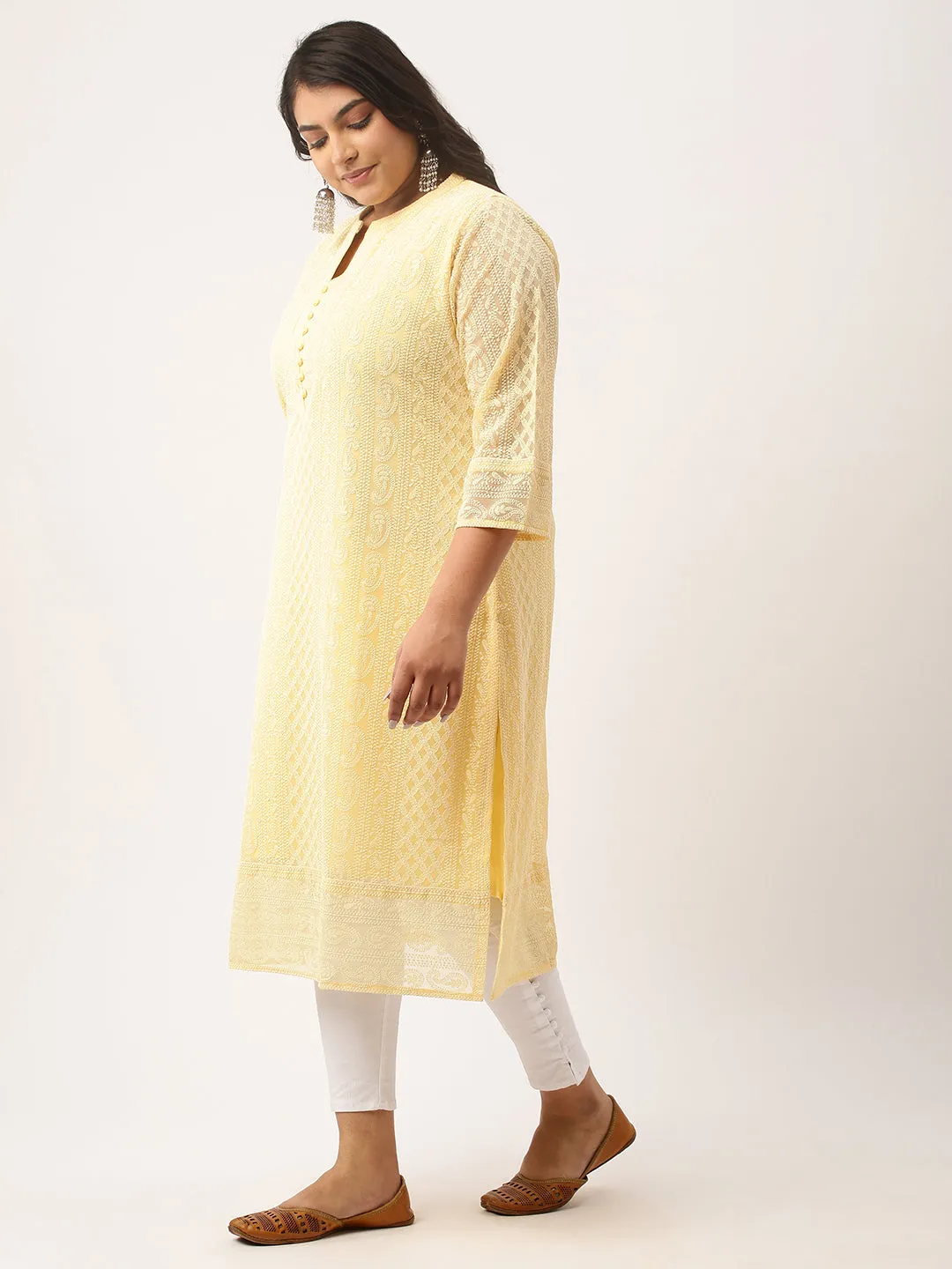 Lemon Paisley Embroidered Georgette Lucknowi Chikankari Kurta For Women - ZOLA