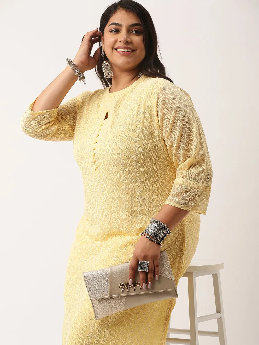 Lemon Paisley Embroidered Georgette Lucknowi Chikankari Kurta For Women - ZOLA