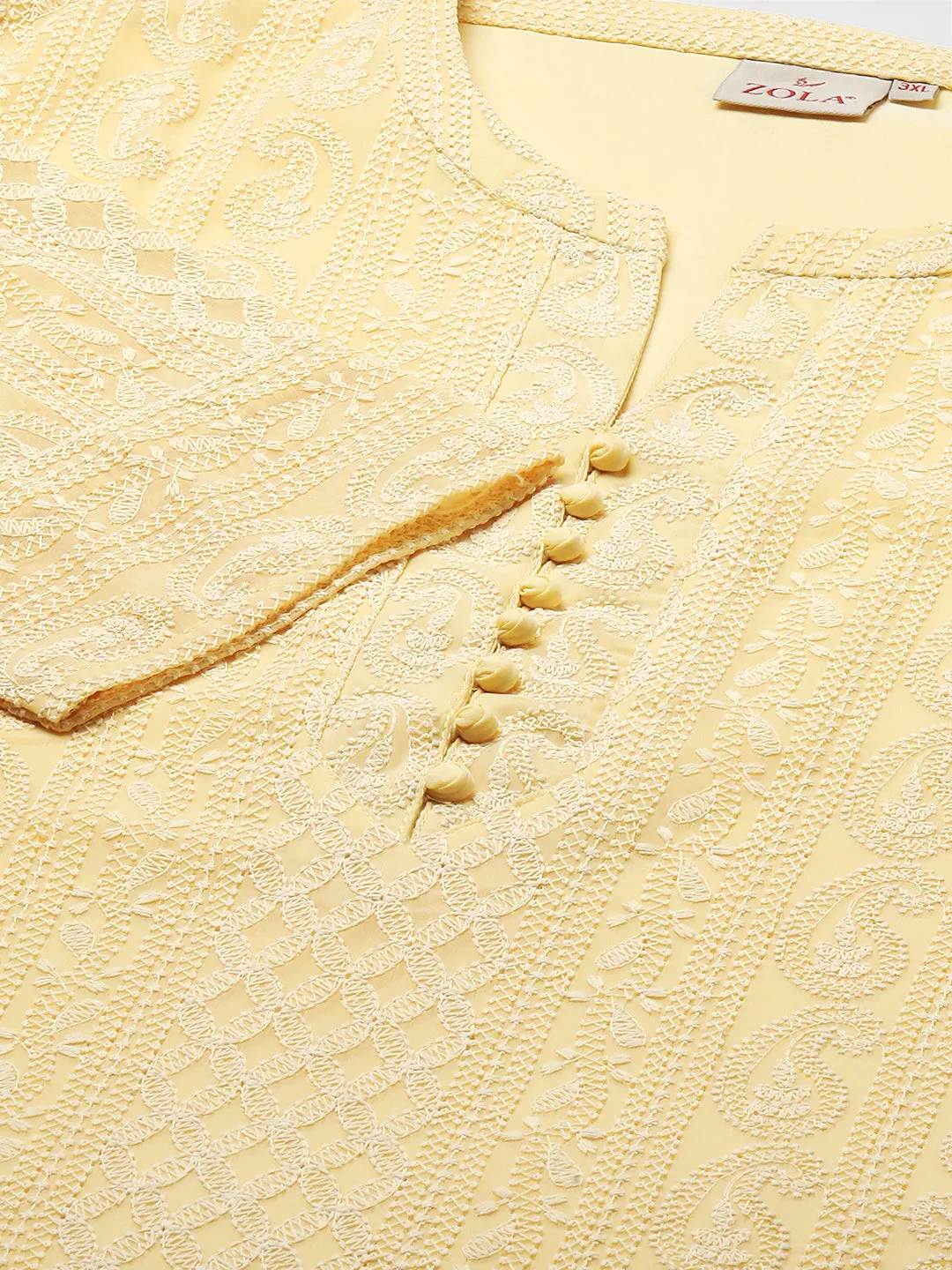 Lemon Paisley Embroidered Georgette Lucknowi Chikankari Kurta For Women - ZOLA