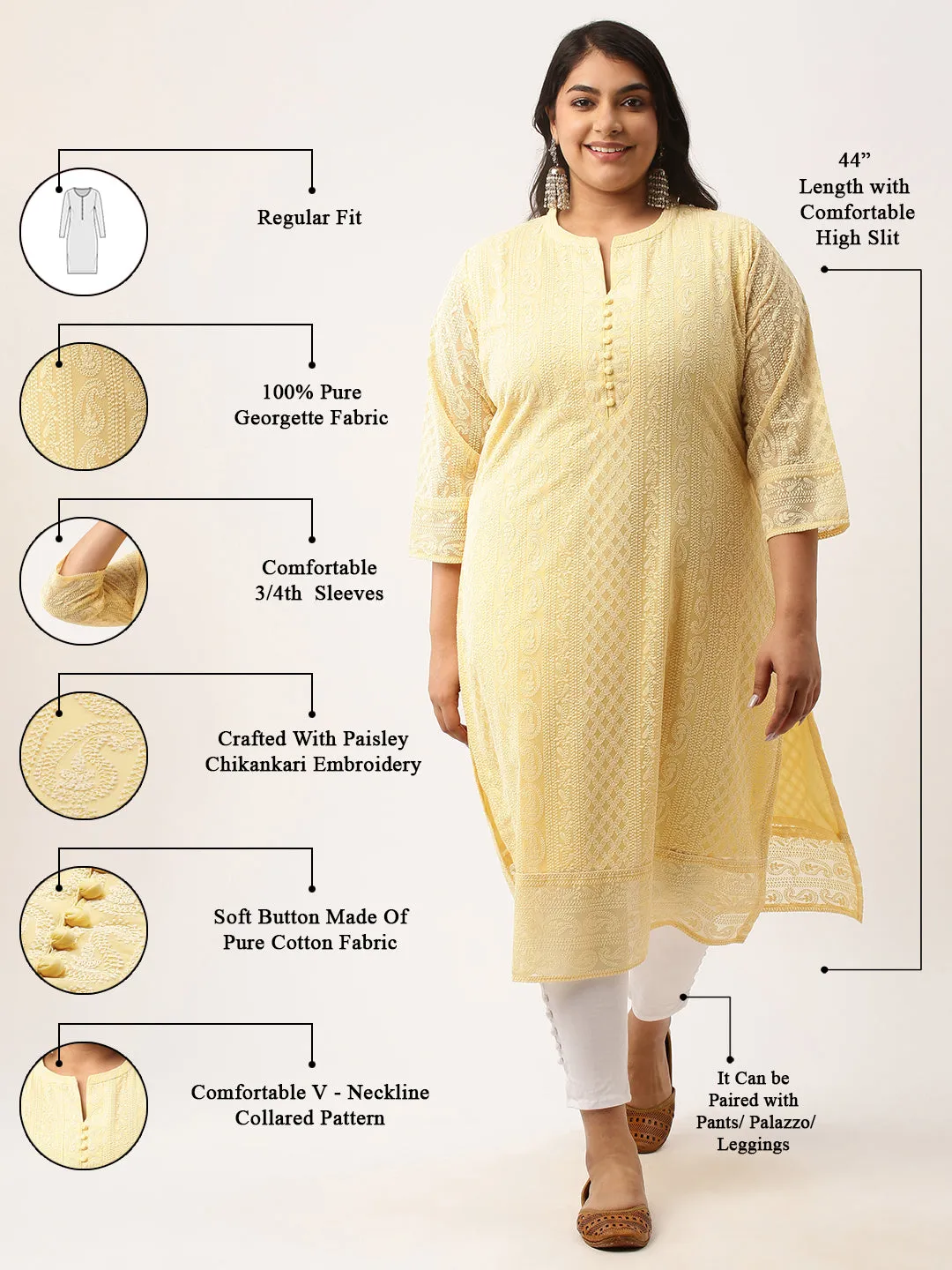 Lemon Paisley Embroidered Georgette Lucknowi Chikankari Kurta For Women - ZOLA