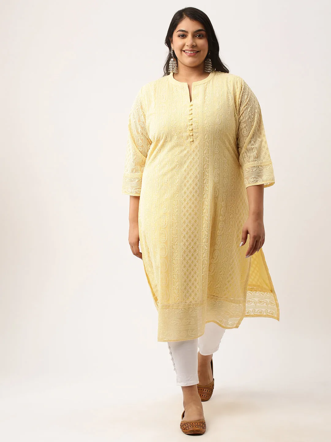 Lemon Paisley Embroidered Georgette Lucknowi Chikankari Kurta For Women - ZOLA