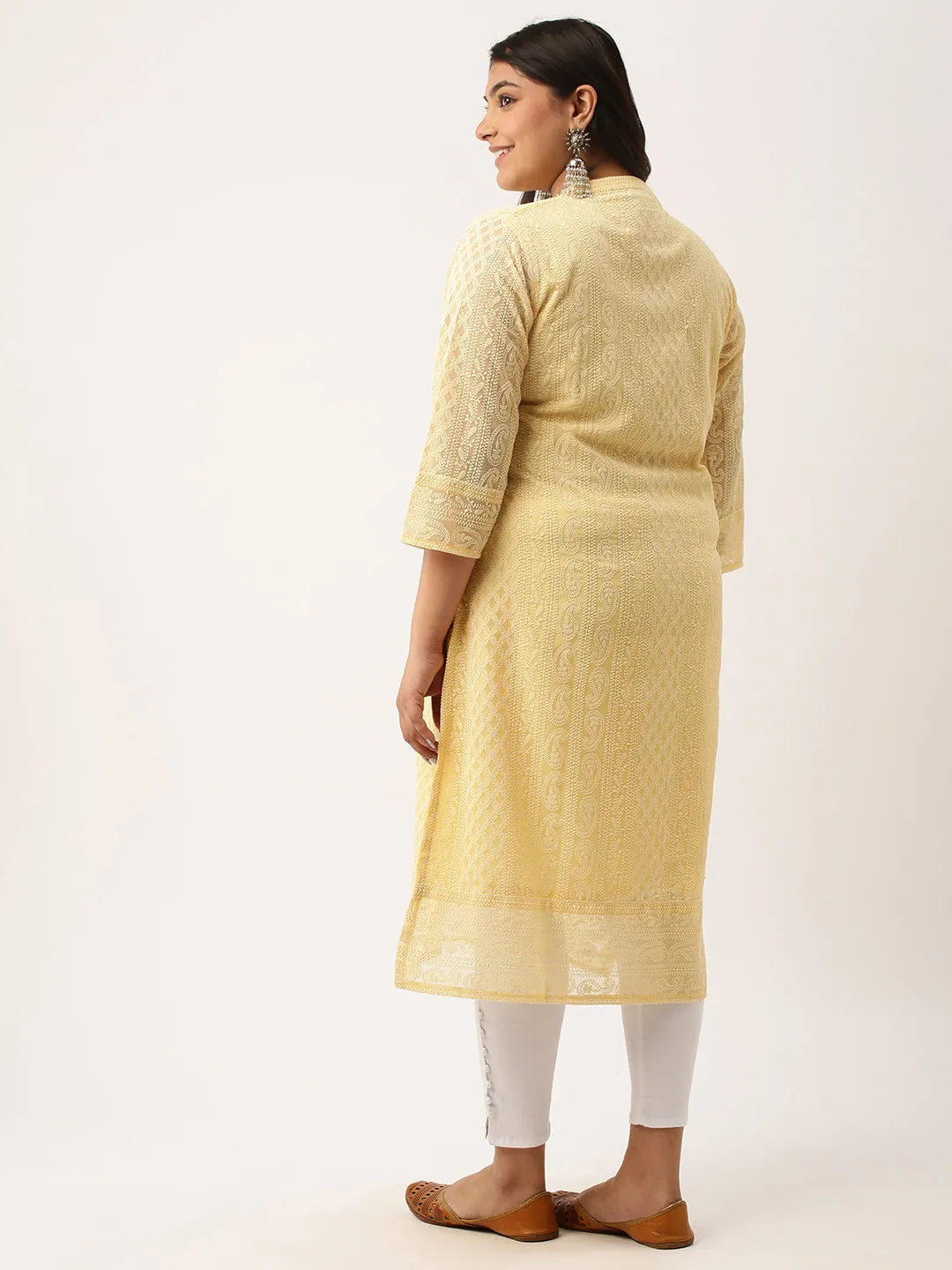 Lemon Paisley Embroidered Georgette Lucknowi Chikankari Kurta For Women - ZOLA