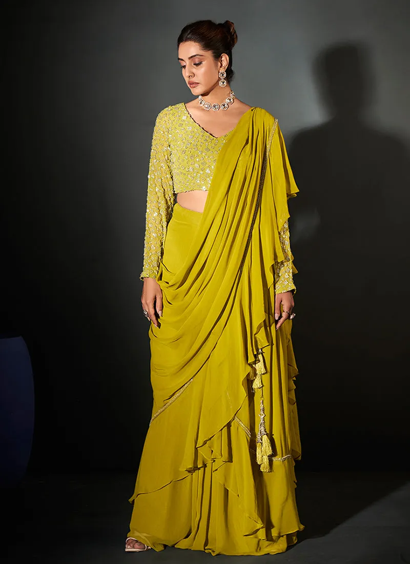 Lemon Yellow Georgette Saree with Bead and Sequence Detail