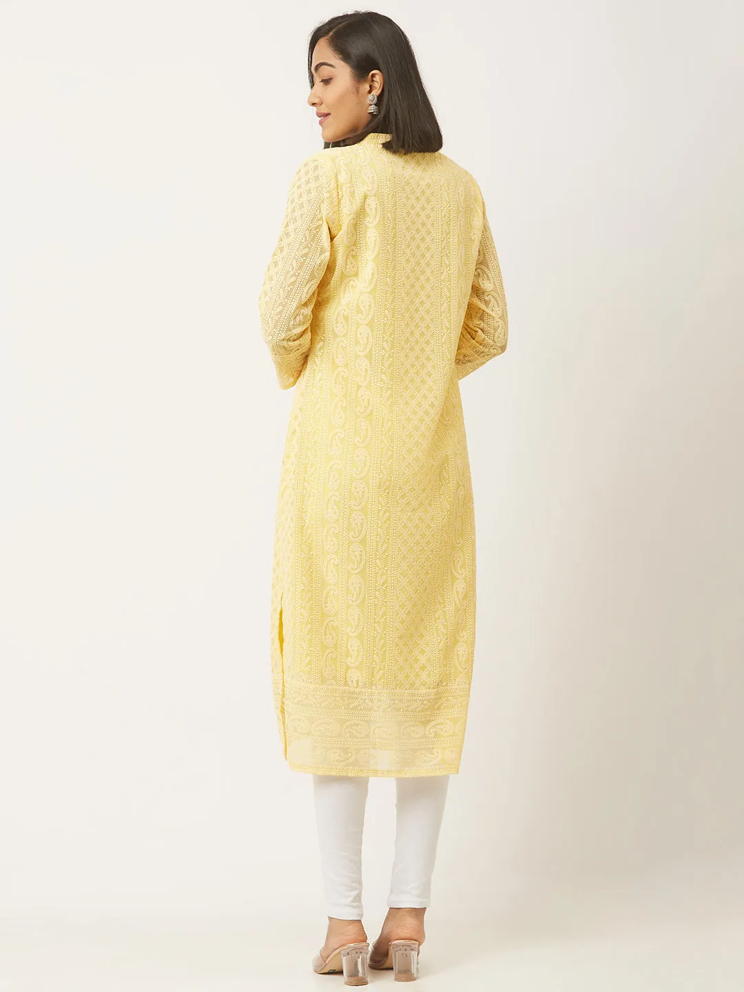 Lemon Yellow Kurta - Georgette Lucknowi Chikankari Kurta For Women