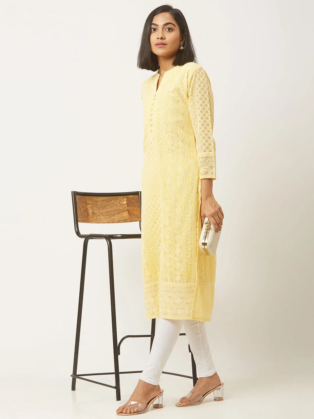 Lemon Yellow Kurta - Georgette Lucknowi Chikankari Kurta For Women