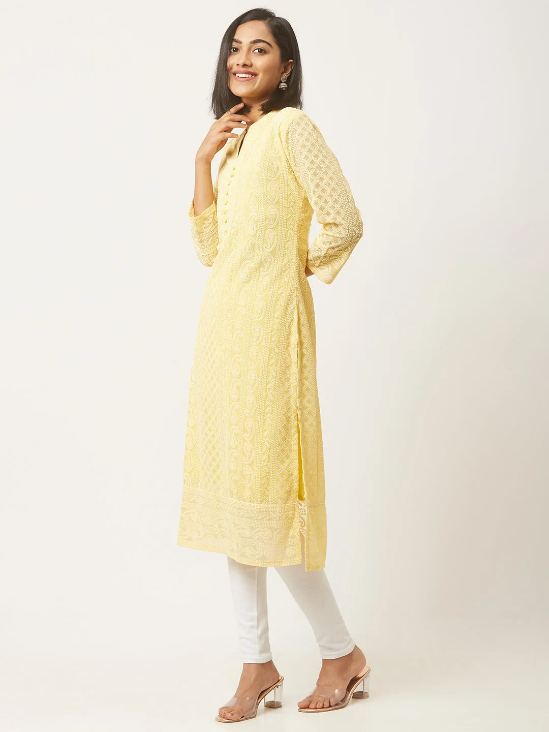 Lemon Yellow Kurta - Georgette Lucknowi Chikankari Kurta For Women