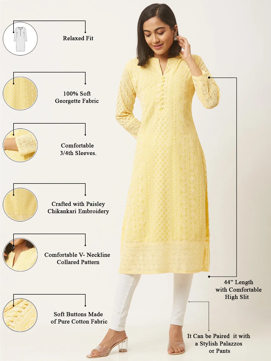 Lemon Yellow Kurta - Georgette Lucknowi Chikankari Kurta For Women