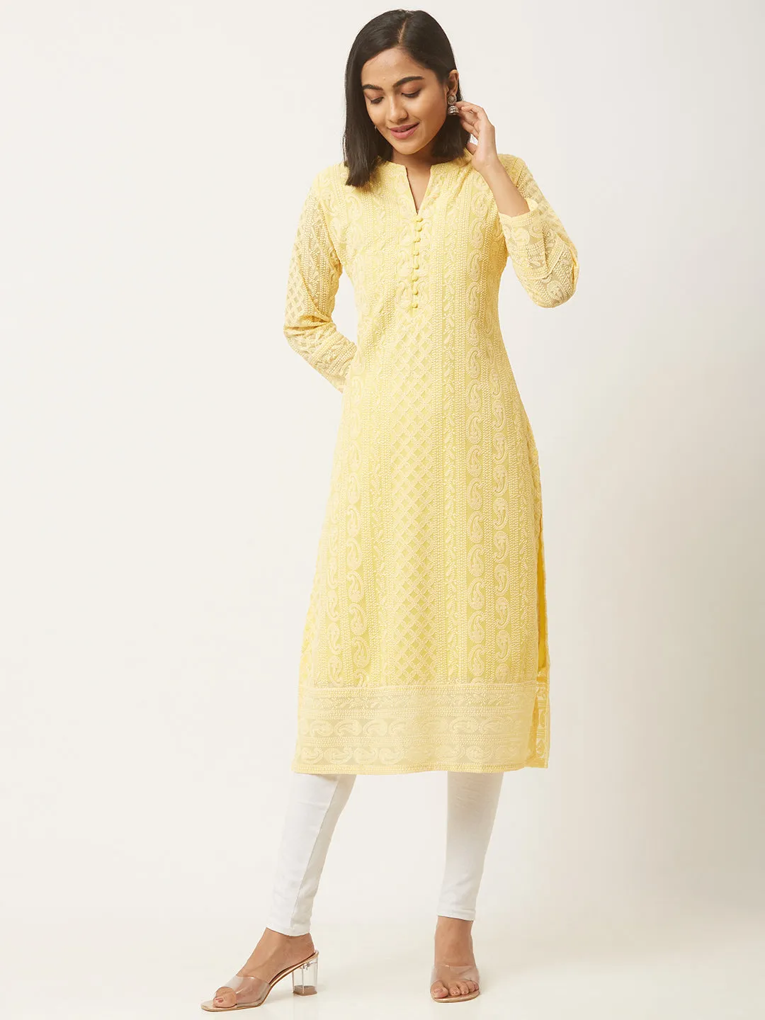 Lemon Yellow Kurta - Georgette Lucknowi Chikankari Kurta For Women
