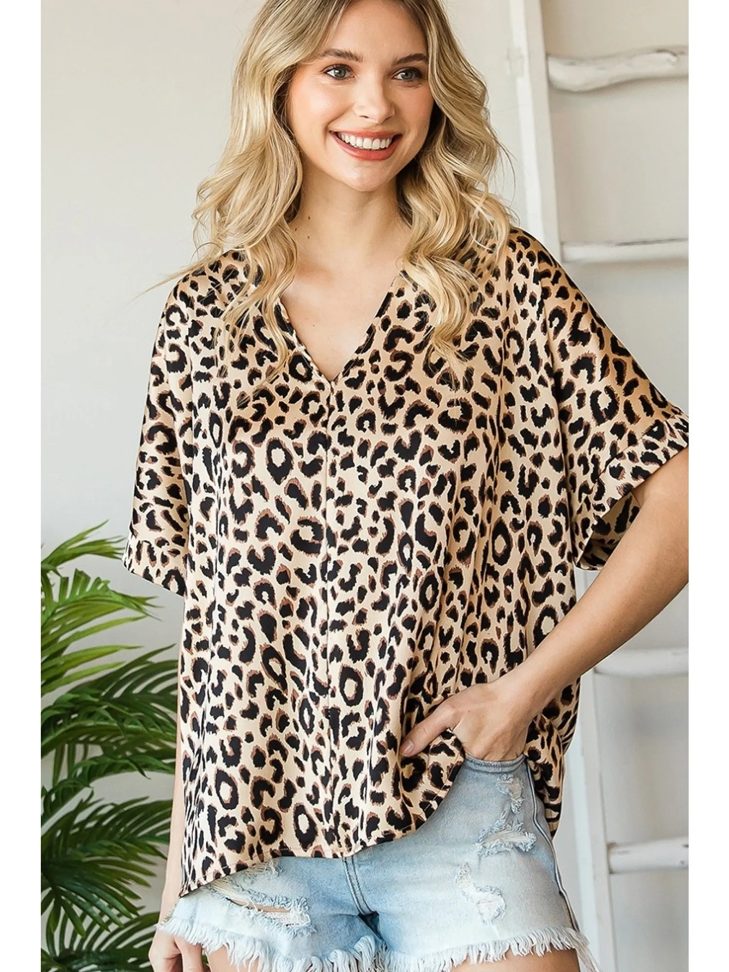 Leopard Satin V Neck Blouse