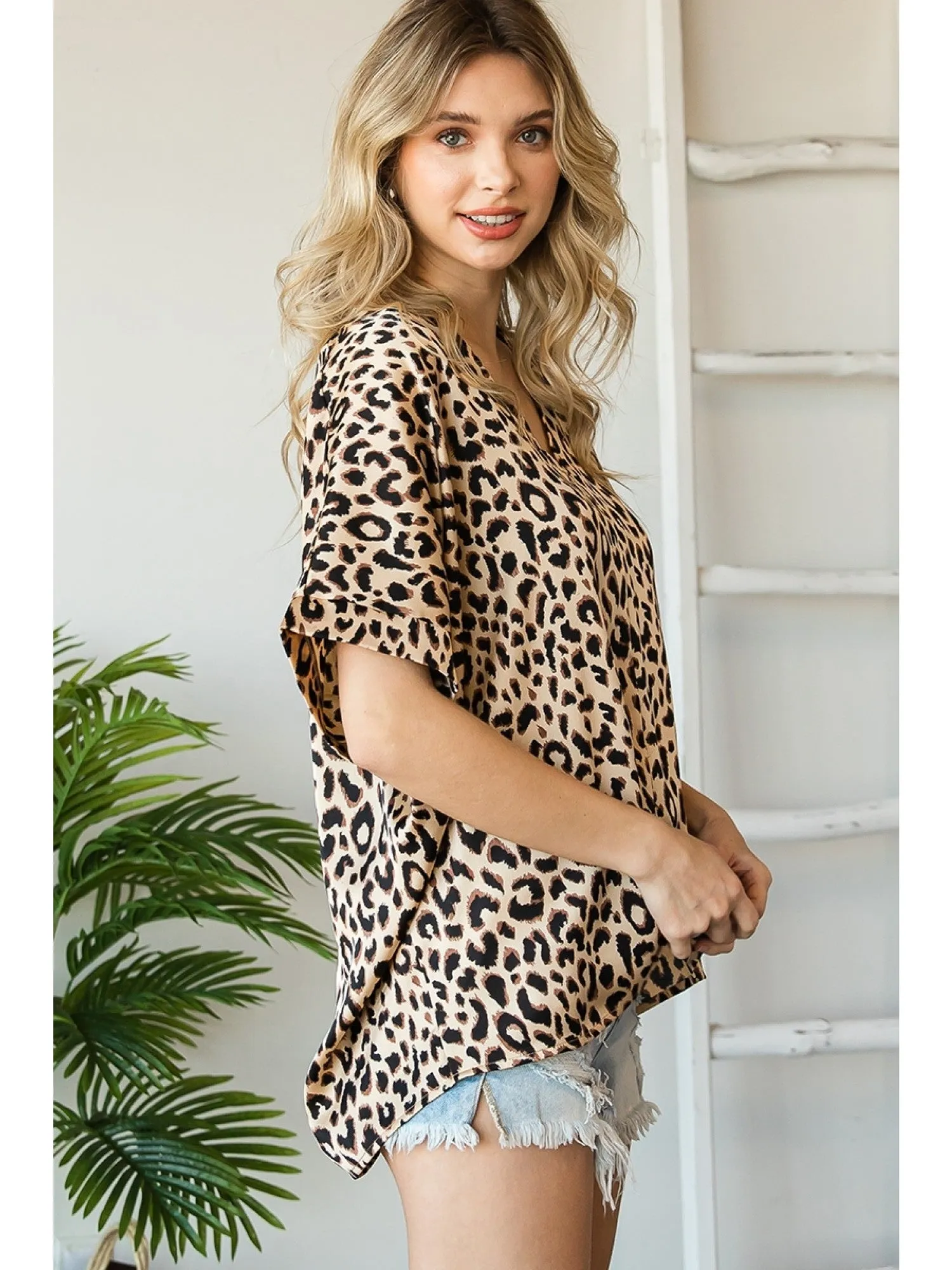 Leopard Satin V Neck Blouse