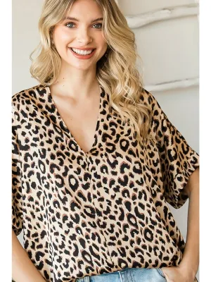 Leopard Satin V Neck Blouse