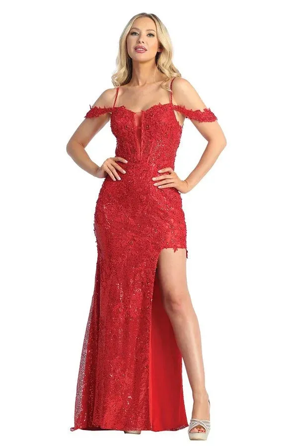LF 7822 - Beaded Lace Embellished Sequin Off the Shoulder Fit & Flare Prom Gown with Sheer Boned Bodice & Leg Slit