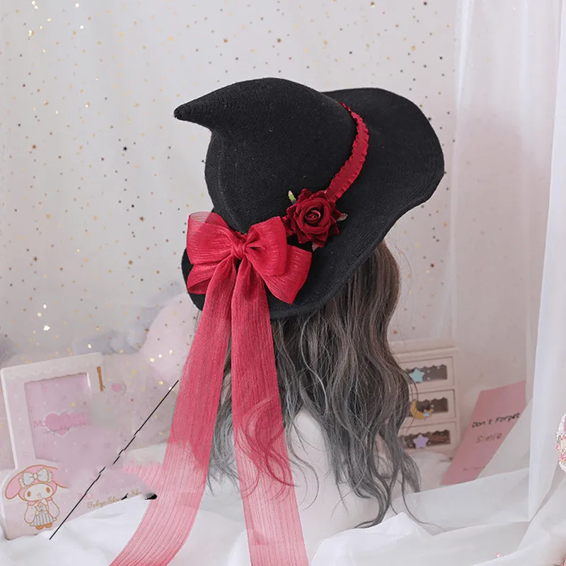 Lolita Halloween Retro Witch Hat Masquerade Rose Big Bow Wizard Hat Gothic Magical Girl Hat Cosplay Accessories Party Decor