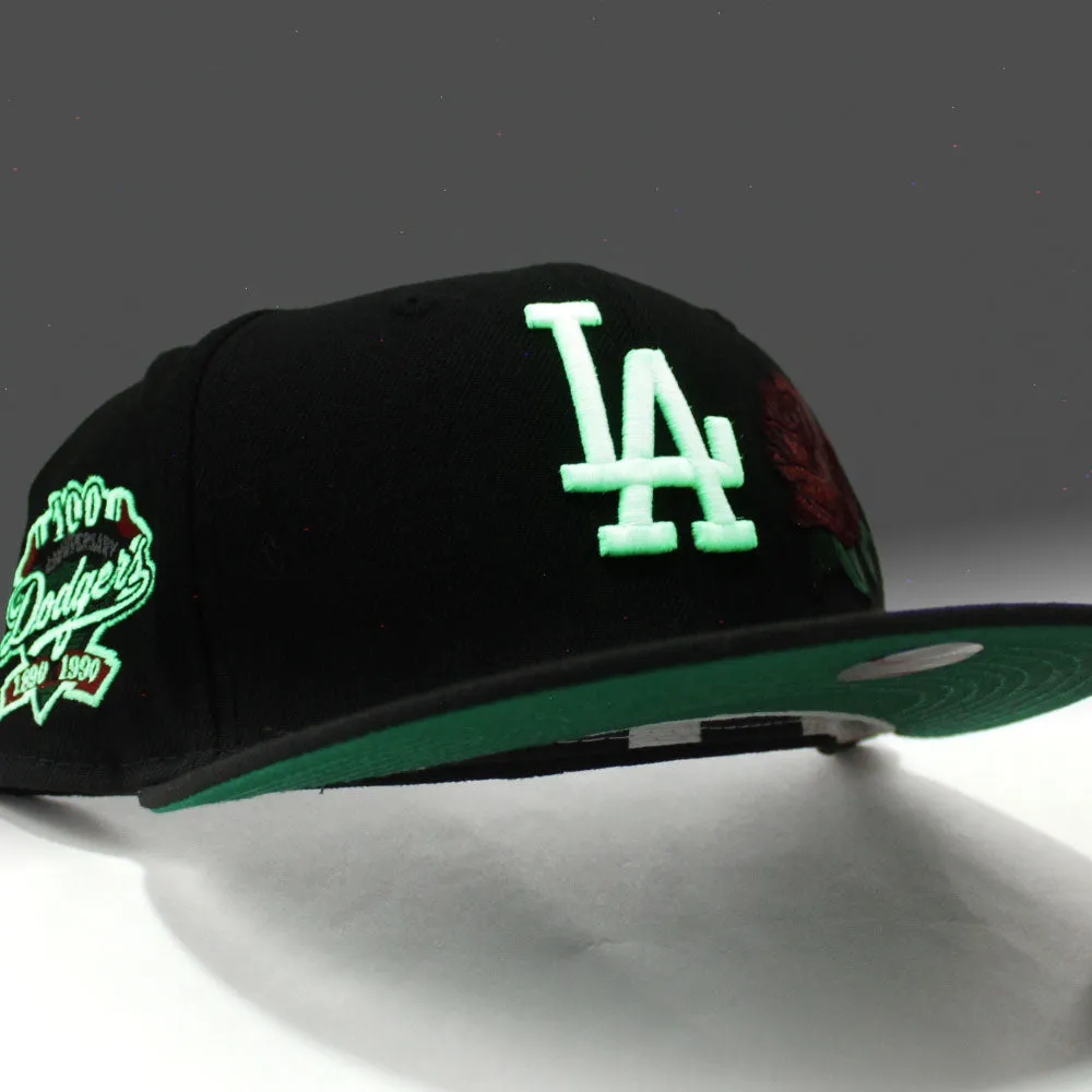Los Angeles Dodgers 100 Anniversary New Era 59Fifty Fitted Hat (Glow in the Dark Rose Black Green Under Brim)