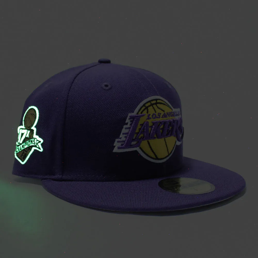 Los Angeles Lakers 17X Championships New Era 59Fifty Fitted Hat (Glow in The Dark Purple Gray Under Brim)