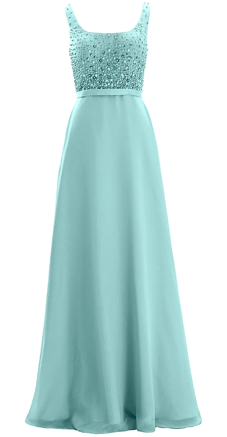 MACloth Women Straps Scoop Neck Beaded Formal Evening Gown 2019 Long Prom Dress
