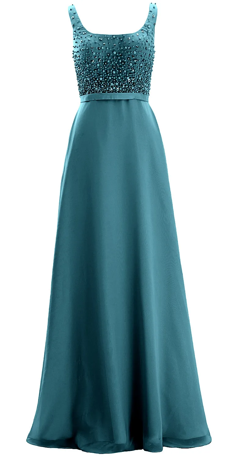 MACloth Women Straps Scoop Neck Beaded Formal Evening Gown 2019 Long Prom Dress