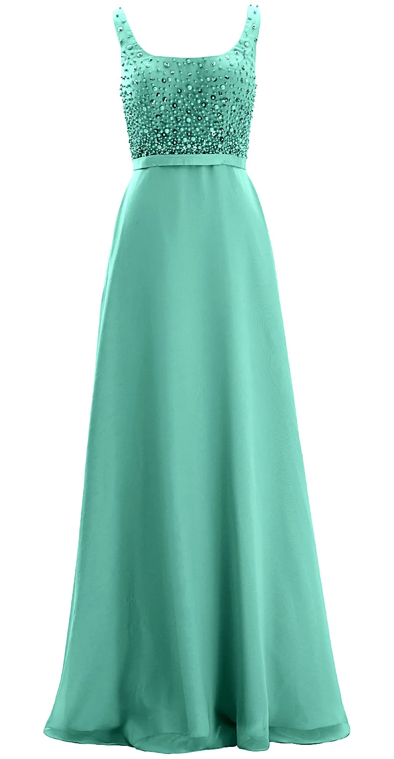 MACloth Women Straps Scoop Neck Beaded Formal Evening Gown 2019 Long Prom Dress