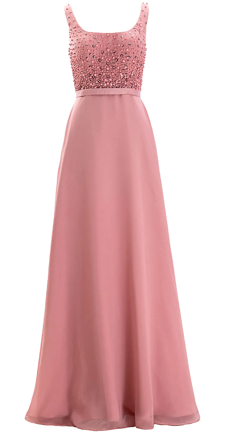 MACloth Women Straps Scoop Neck Beaded Formal Evening Gown 2019 Long Prom Dress