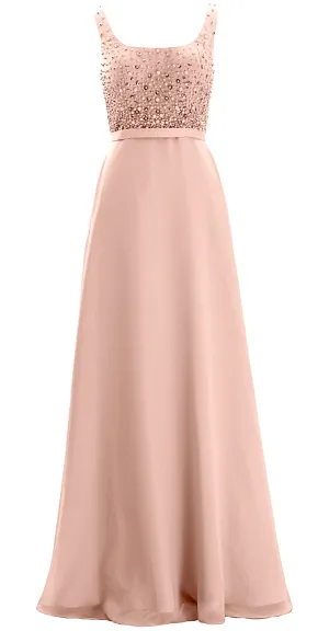MACloth Women Straps Scoop Neck Beaded Formal Evening Gown 2019 Long Prom Dress