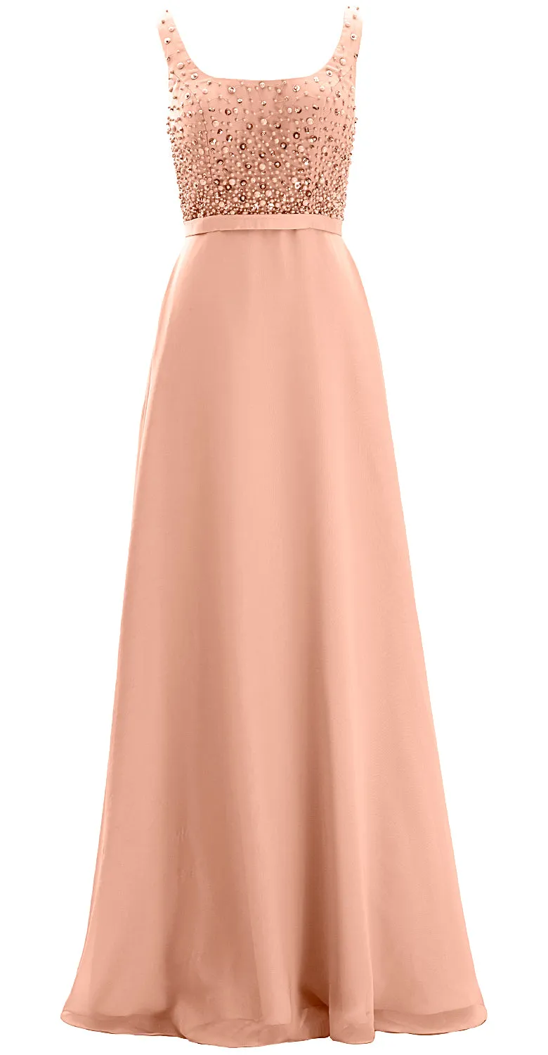 MACloth Women Straps Scoop Neck Beaded Formal Evening Gown 2019 Long Prom Dress