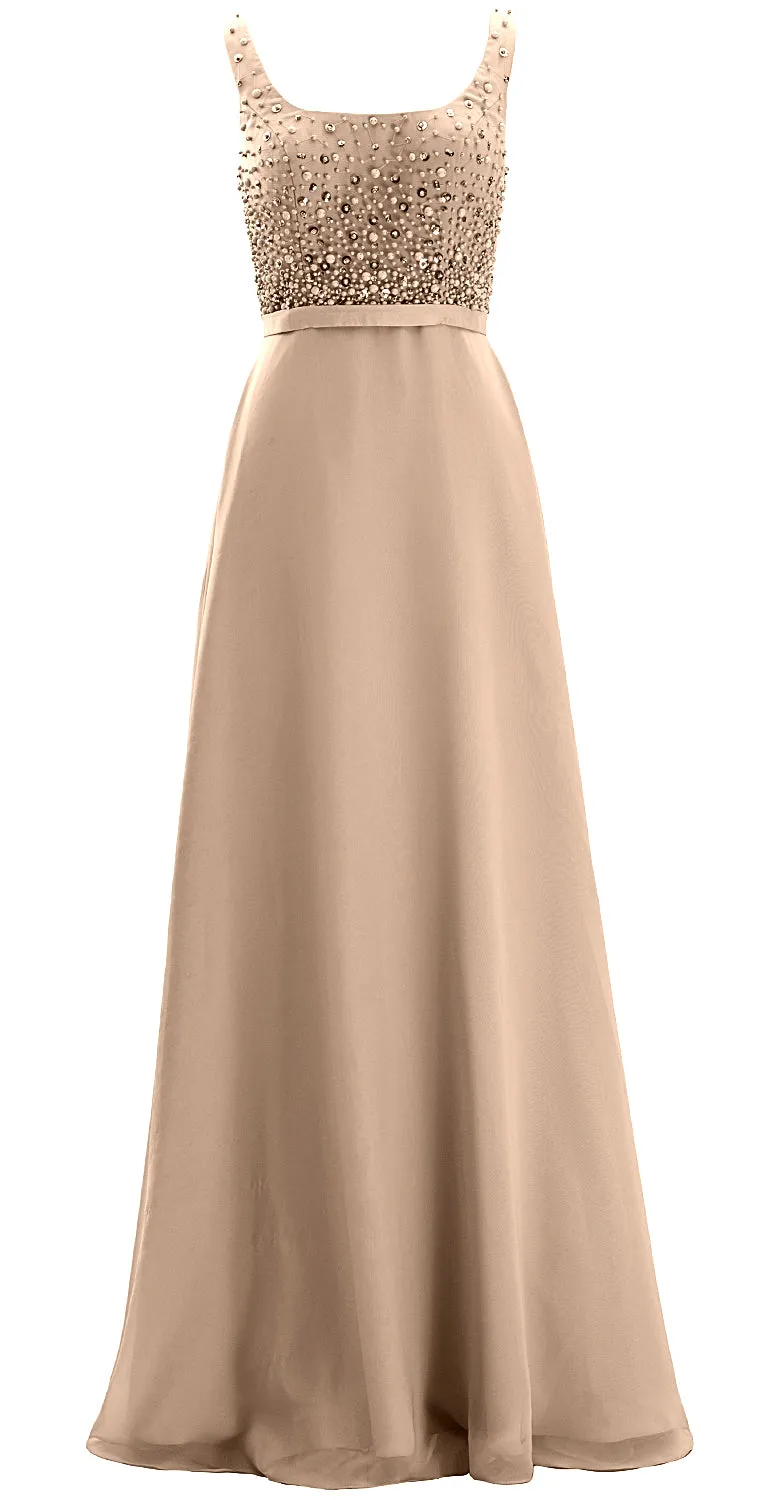 MACloth Women Straps Scoop Neck Beaded Formal Evening Gown 2019 Long Prom Dress