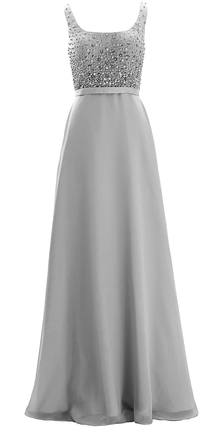 MACloth Women Straps Scoop Neck Beaded Formal Evening Gown 2019 Long Prom Dress