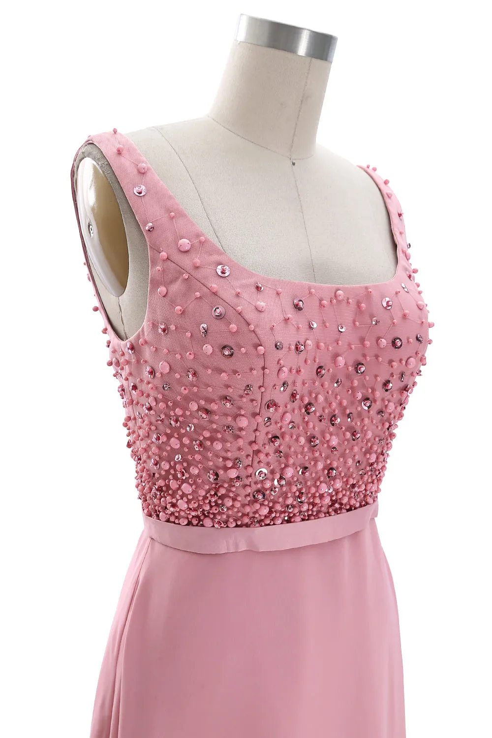MACloth Women Straps Scoop Neck Beaded Formal Evening Gown 2019 Long Prom Dress