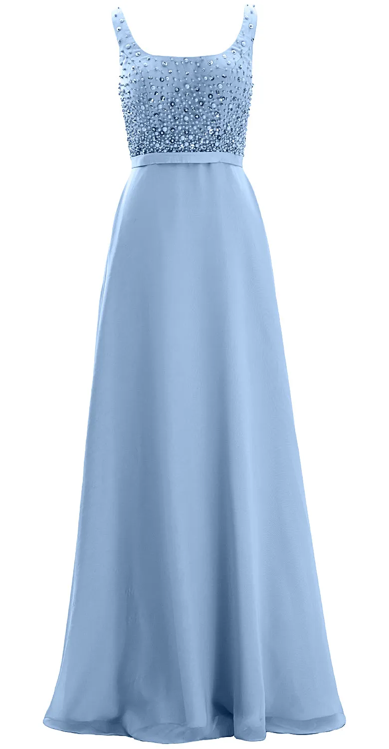 MACloth Women Straps Scoop Neck Beaded Formal Evening Gown 2019 Long Prom Dress