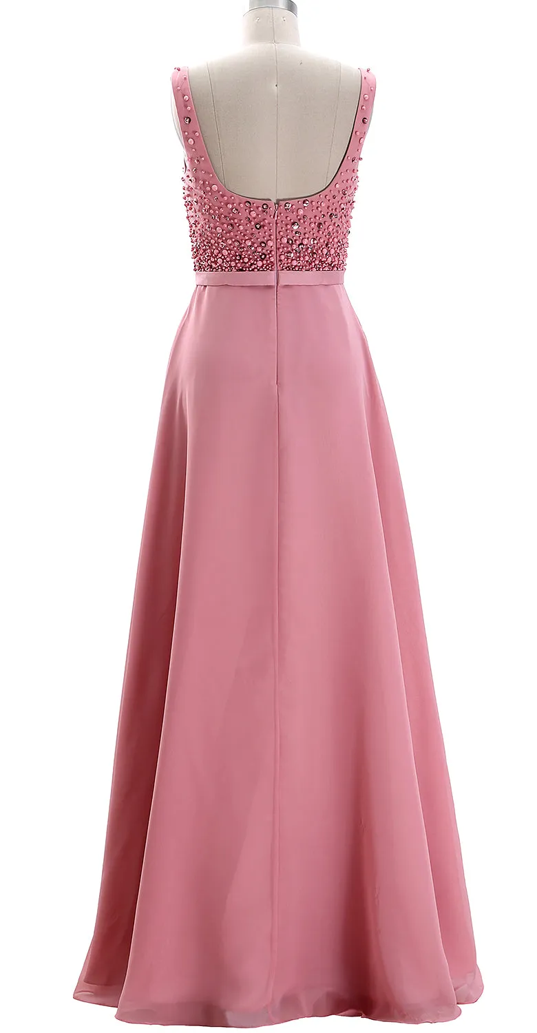 MACloth Women Straps Scoop Neck Beaded Formal Evening Gown 2019 Long Prom Dress
