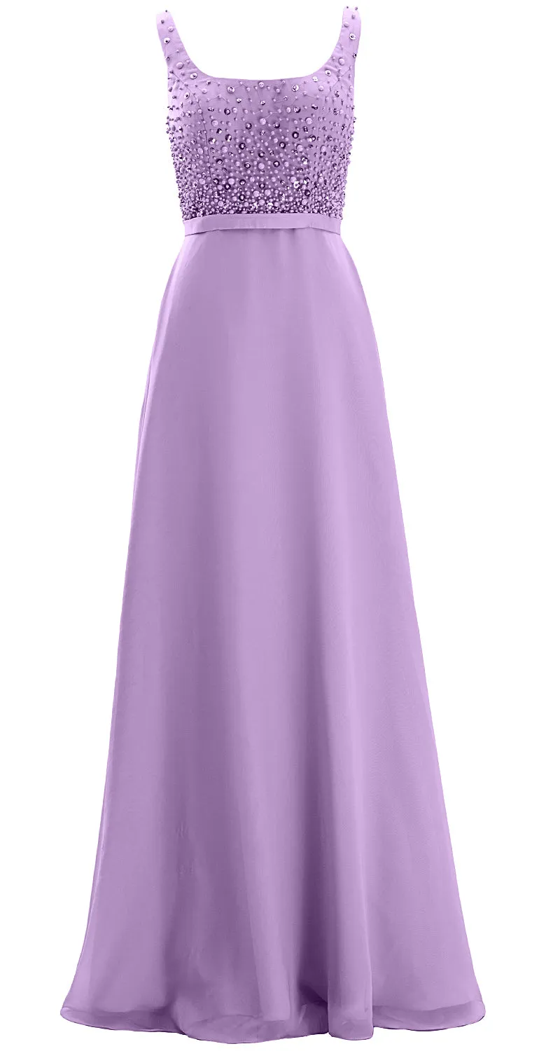 MACloth Women Straps Scoop Neck Beaded Formal Evening Gown 2019 Long Prom Dress