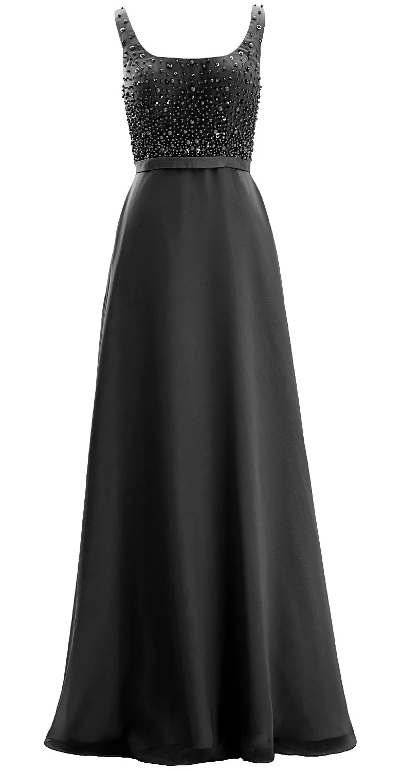 MACloth Women Straps Scoop Neck Beaded Formal Evening Gown 2019 Long Prom Dress