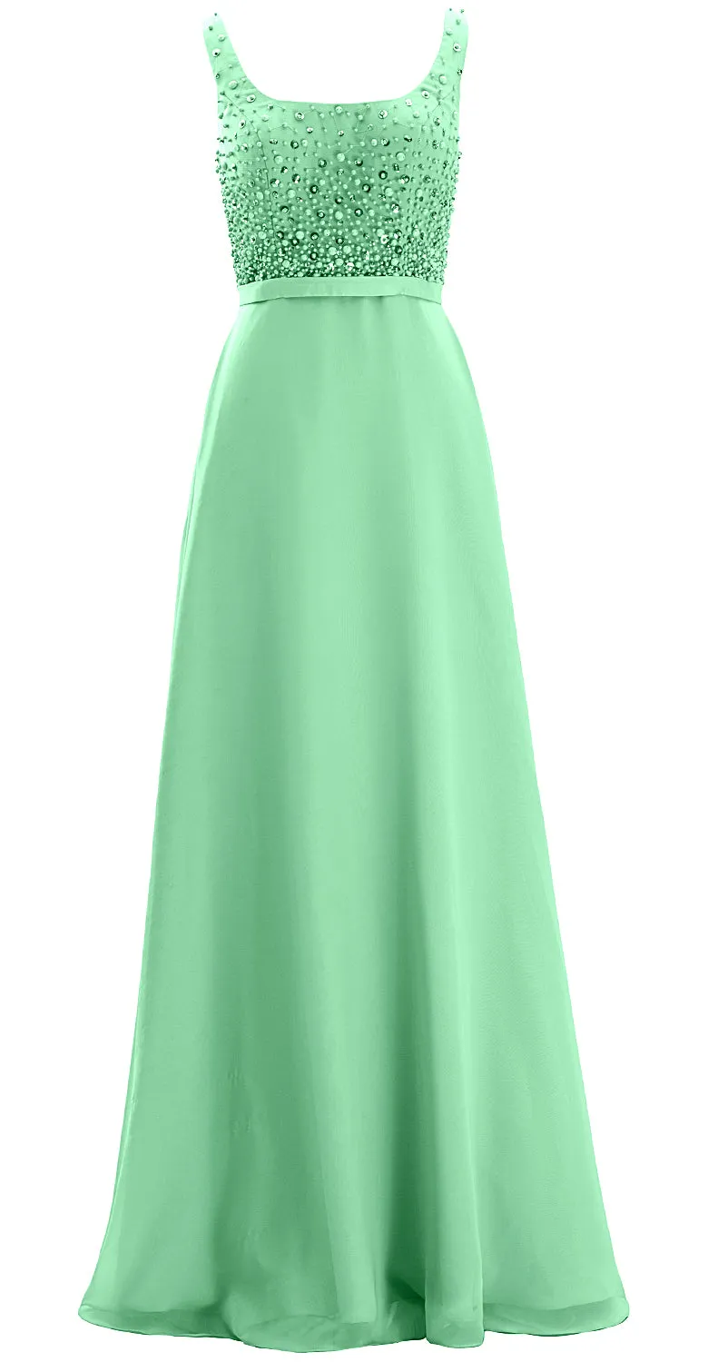 MACloth Women Straps Scoop Neck Beaded Formal Evening Gown 2019 Long Prom Dress