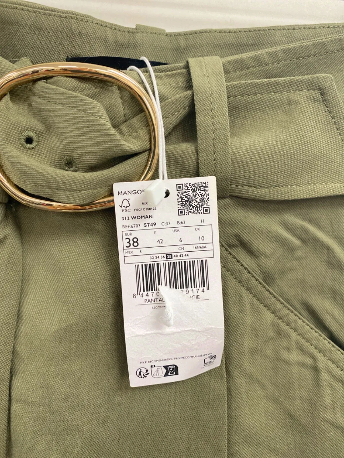 Mango Khaki Belted High-Waisted Trousers EU 38 UK 10
