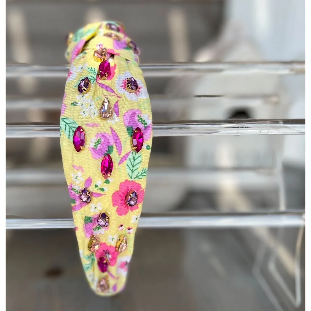 Manteo Jewel Yellow and Pink Pansies Top Knot Rhinestone Handmade Headband.