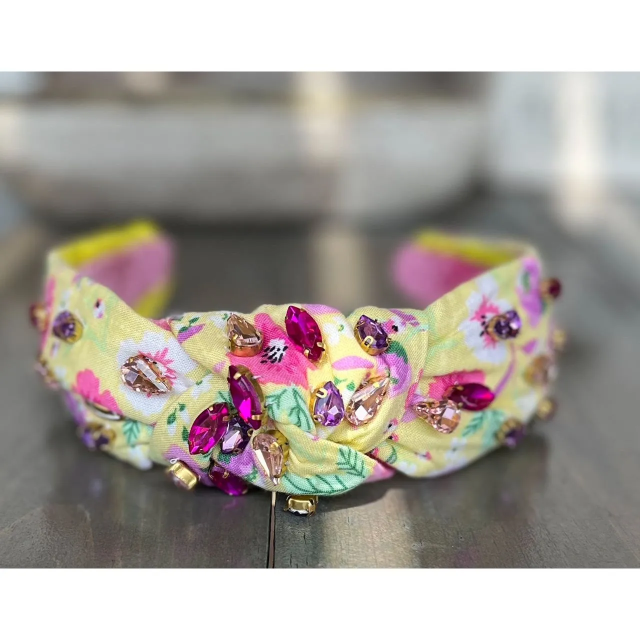 Manteo Jewel Yellow and Pink Pansies Top Knot Rhinestone Handmade Headband.