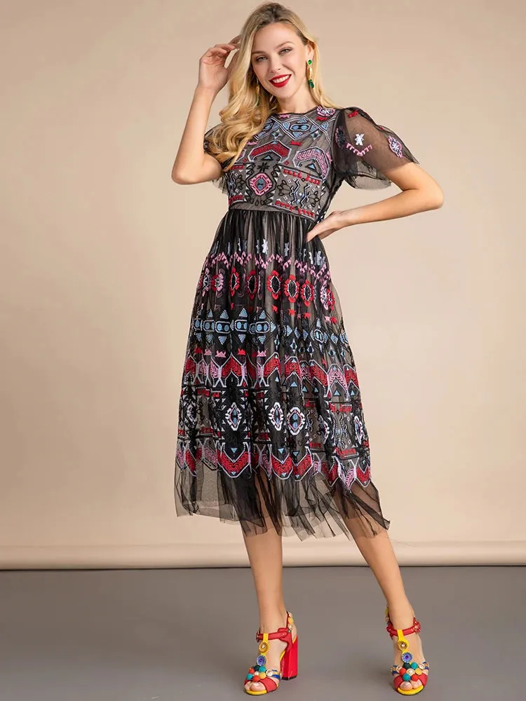 Mara Short sleeve Vintage Geometric Embroidery Black Mesh Elegant Party Dress