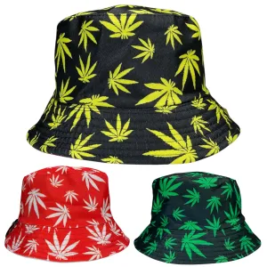 Marijuana Weed Leaf Bucket Hat, Reversible, Hip Hop Street Style