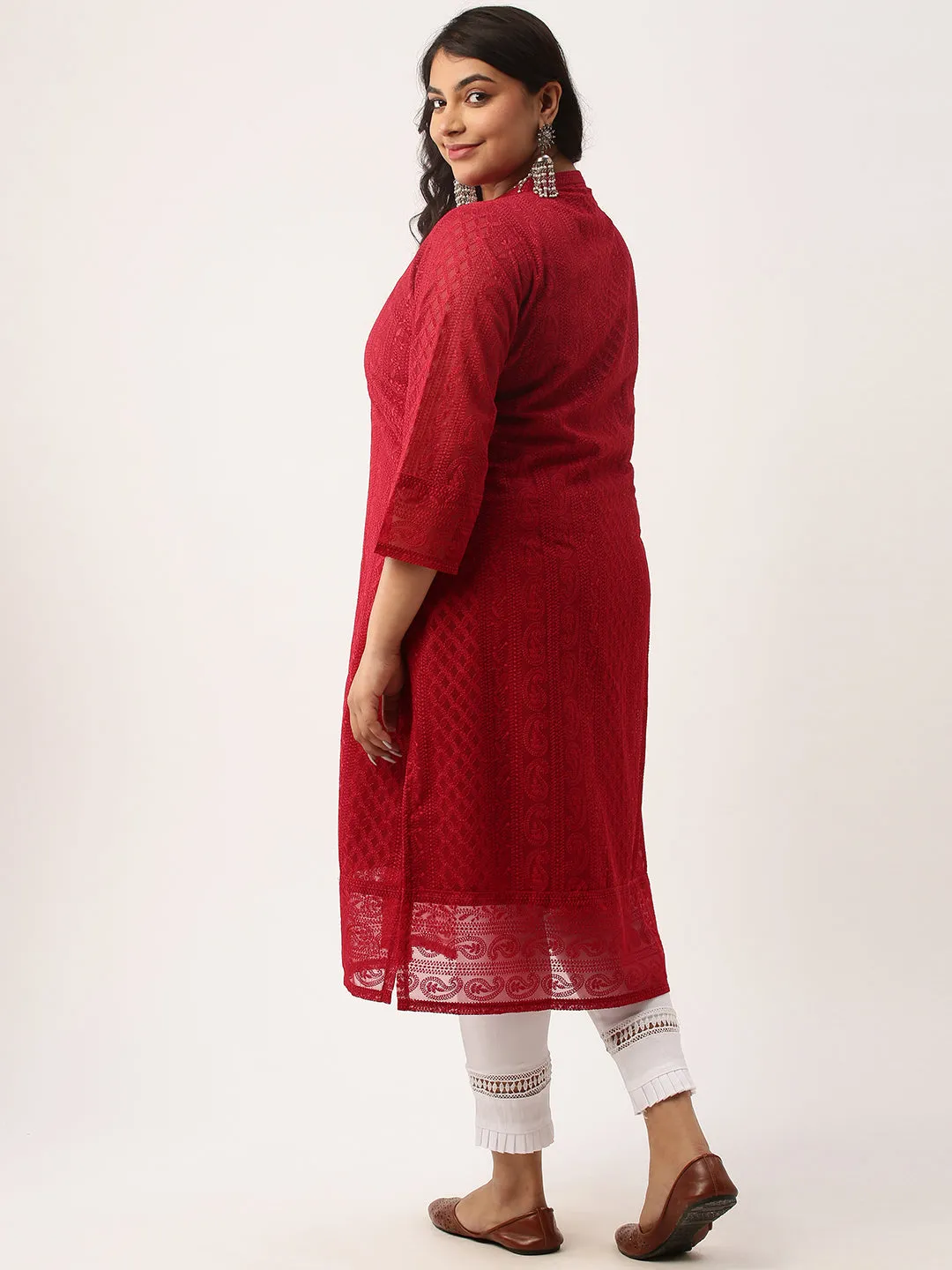Maroon Paisley Embroidered Georgette Lucknowi Chikankari Kurta For Women - ZOLA