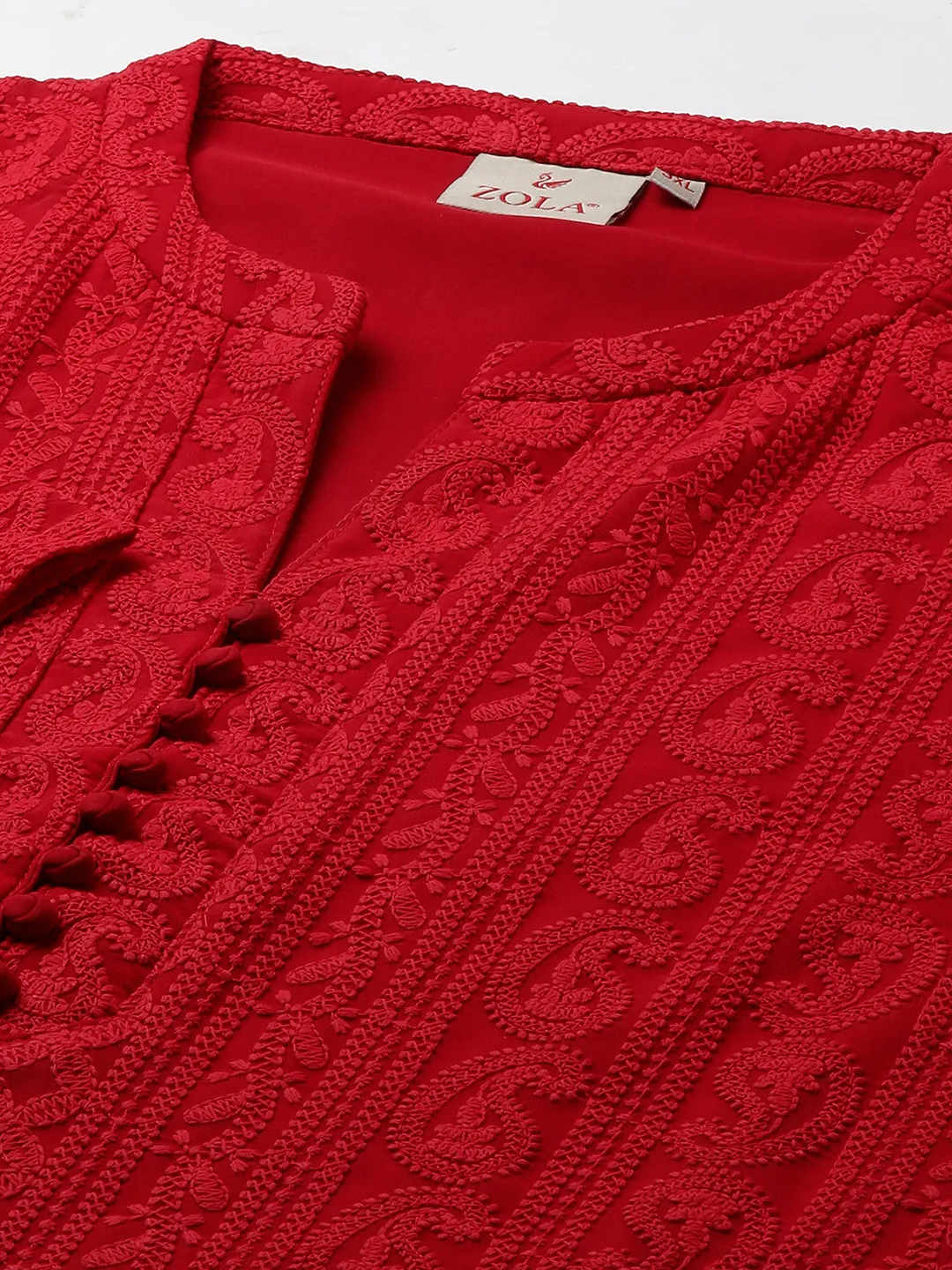 Maroon Paisley Embroidered Georgette Lucknowi Chikankari Kurta For Women - ZOLA