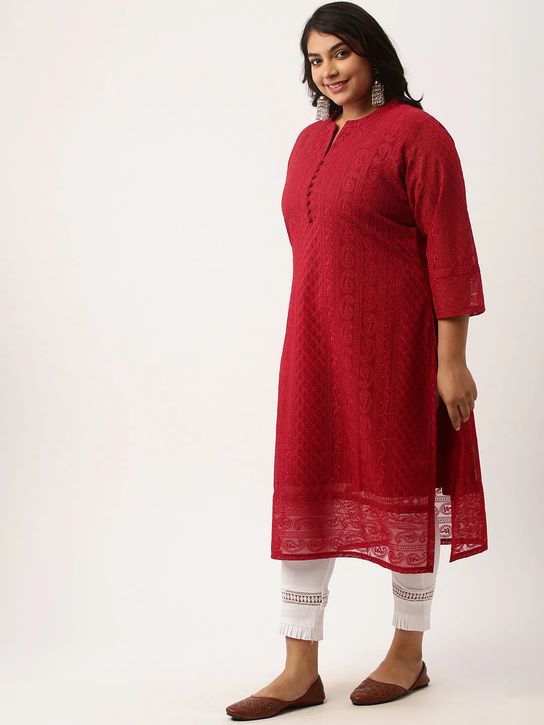 Maroon Paisley Embroidered Georgette Lucknowi Chikankari Kurta For Women - ZOLA