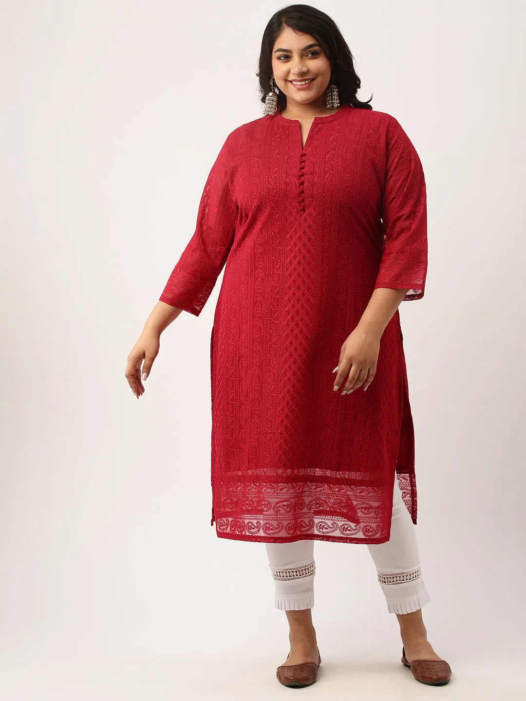 Maroon Paisley Embroidered Georgette Lucknowi Chikankari Kurta For Women - ZOLA