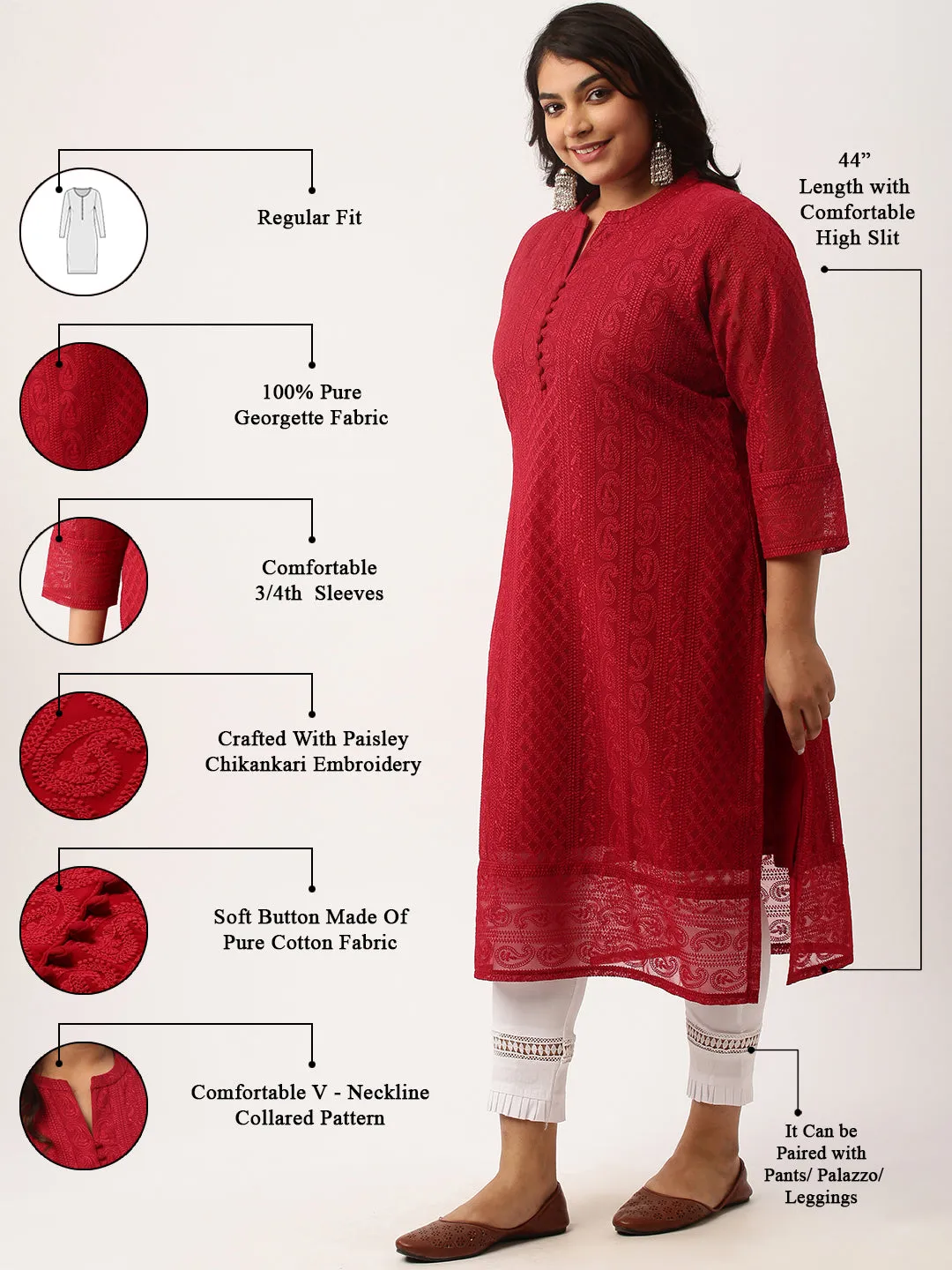 Maroon Paisley Embroidered Georgette Lucknowi Chikankari Kurta For Women - ZOLA