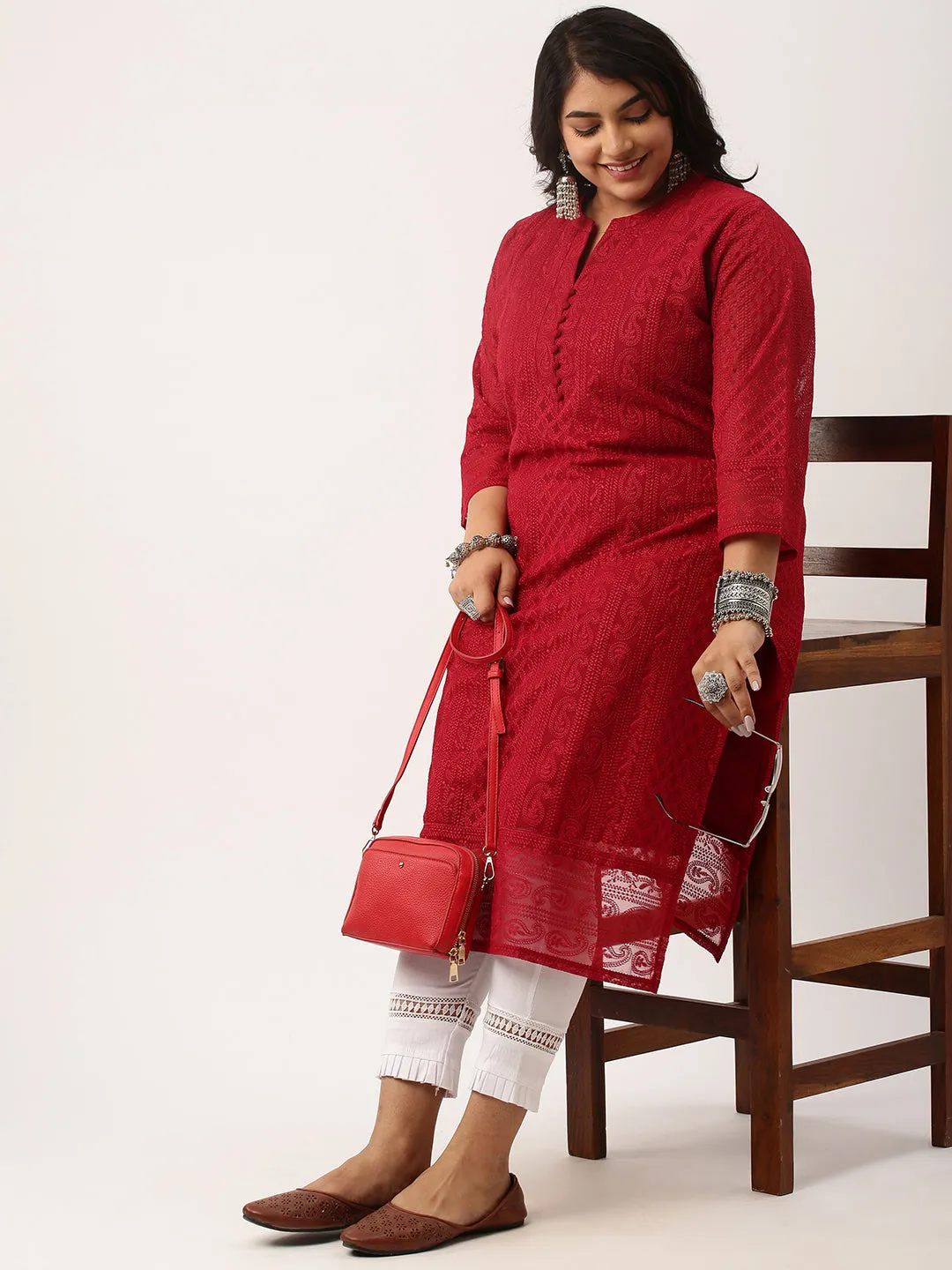 Maroon Paisley Embroidered Georgette Lucknowi Chikankari Kurta For Women - ZOLA