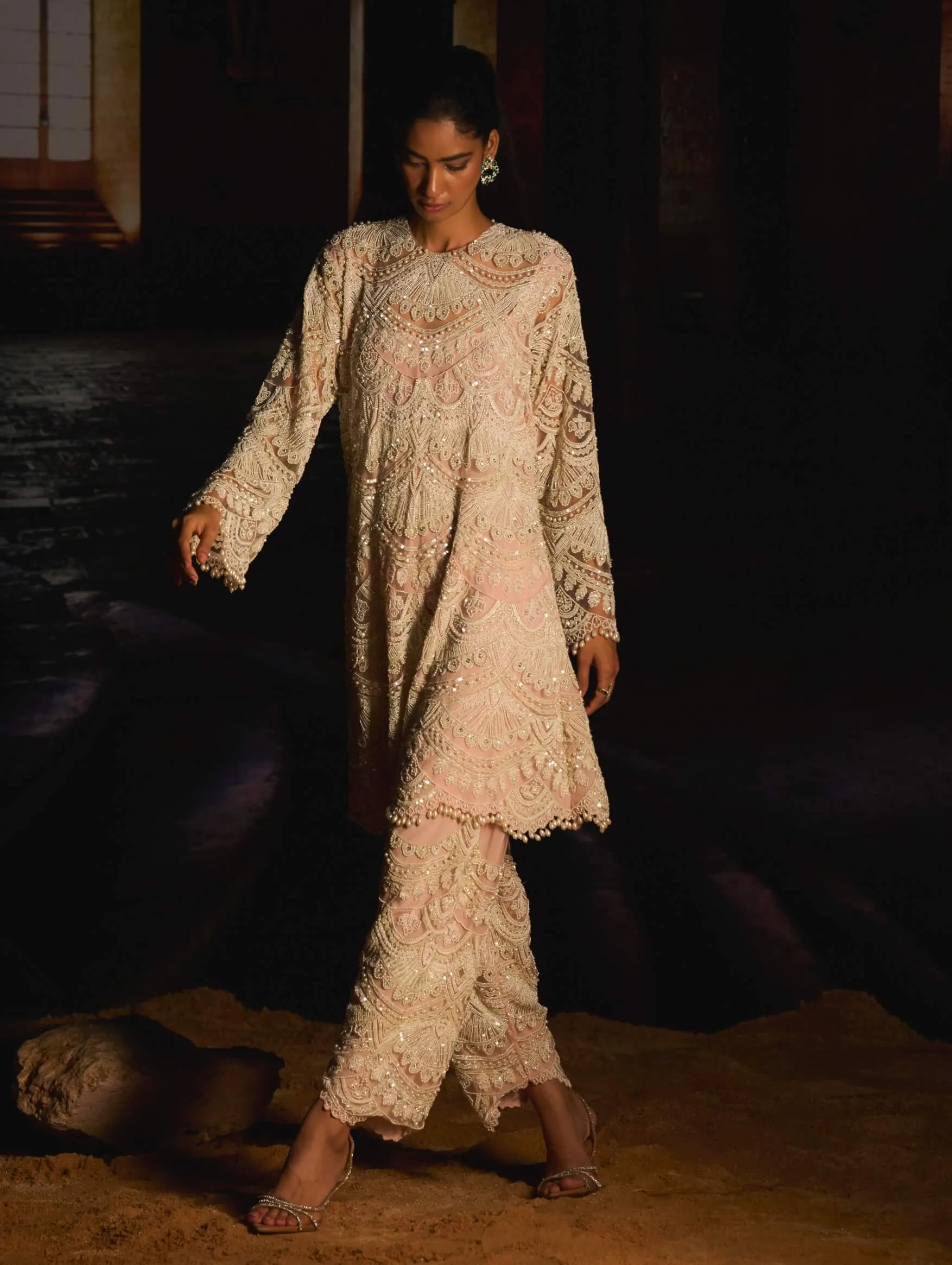 Meline pearled pink embroidered kurta set